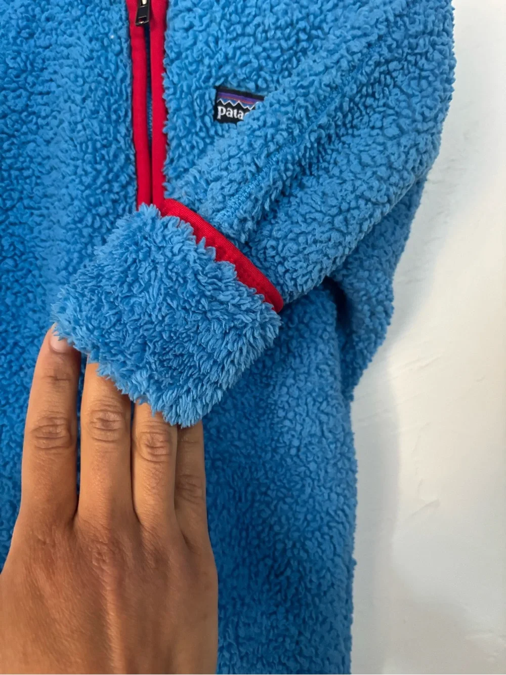 Patagonia Baby Fleece Bunting Size 3M Blue Red Hooded Footed